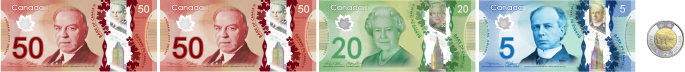 2 50-dollar bills, a 20-dollar bill, a 5-dollar bill, and a 2-dollar coin.