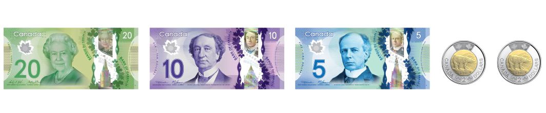 A 20 dollar bill, a ten dollar bill, a 5 dollar bill, 2 coins of 2 dollars each.