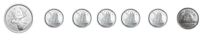 A quarter, 5 dimes, a nickel.