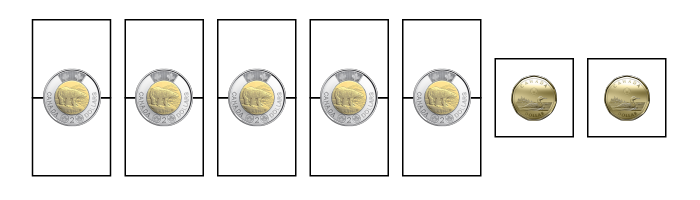 Two squares represent 2 dollars, repeated 5 times, and a one dollar square repeated 2 times.
