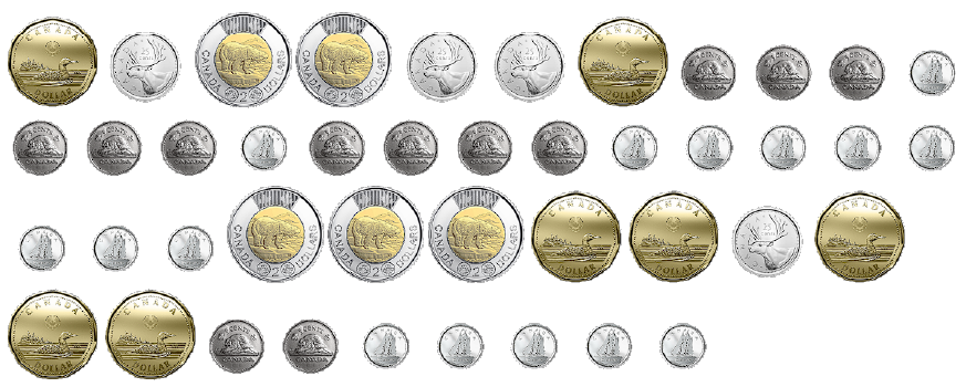 The following coins are on display: 12 nickels, 15 dimes, 4 quarters, 7 one-dollar coins, and 5 two-dollar coins.