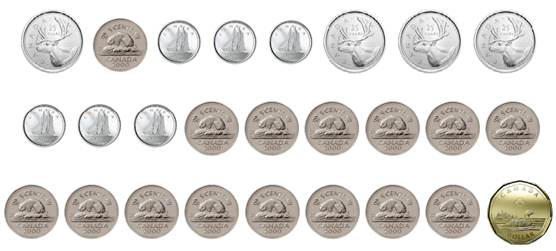 The following coins are on display: 4 quarters, 6 dimes, 15 nickels and one dollar coin.