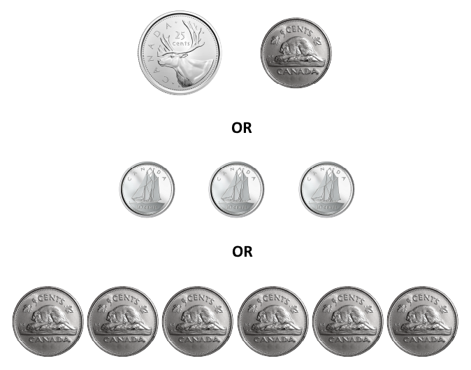 A quarter and a nickel. 3 dimes. 6 nickels.