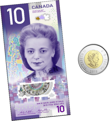 A ten dollar bill and a 2 dollar coin.