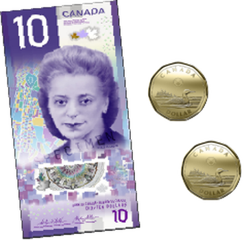 A ten dollar bill, and 2 dollar coins.