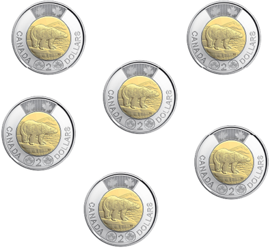 6 coins of 2 dollars.