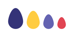 Des œufs, de grandeurs différentes sont placés de façon décroissante : Œuf bleu foncé est le plus grand, Œuf jaune, Œuf bleu pâle, Et l’œuf rouge qui est le plus petit.