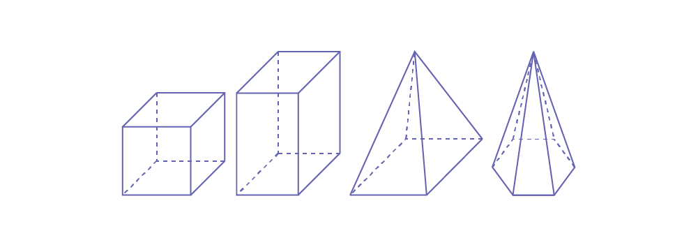 Quatre solide: « cube, » « prisme à base rectangulaire, » « pyramide à base carrée, » « pyramide à base hexagonale. »