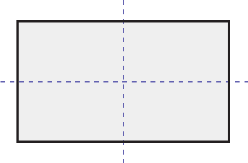 Un rectangle ayant deux ensembles de lignes parallèles égales. Une ligne pointillée verticale et une ligne pointillée horizontale se croisent au centre de la forme.