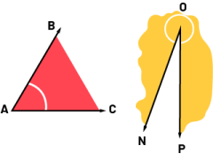 2 Angles. The first angle labeled " B ", " A ", " C ", it is acute. The second angle labeled "N", "O", "P" is obtuse.