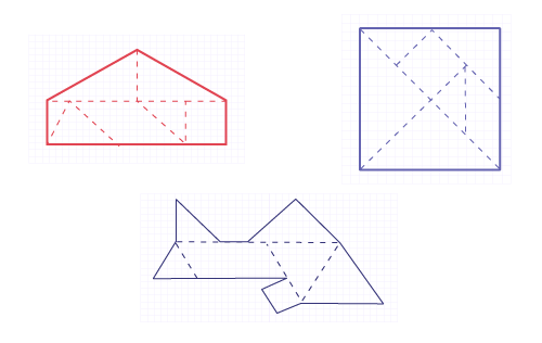 The shapes are made of tangram pieces. One is a house, next is a square, and finally, 3 is a fish.