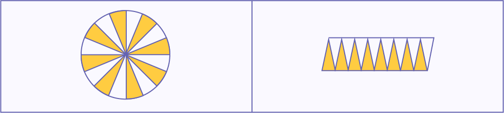 A circle divided into 16 equal sections.
The circles whose parts are cut out and which can fit into a parallelogram.